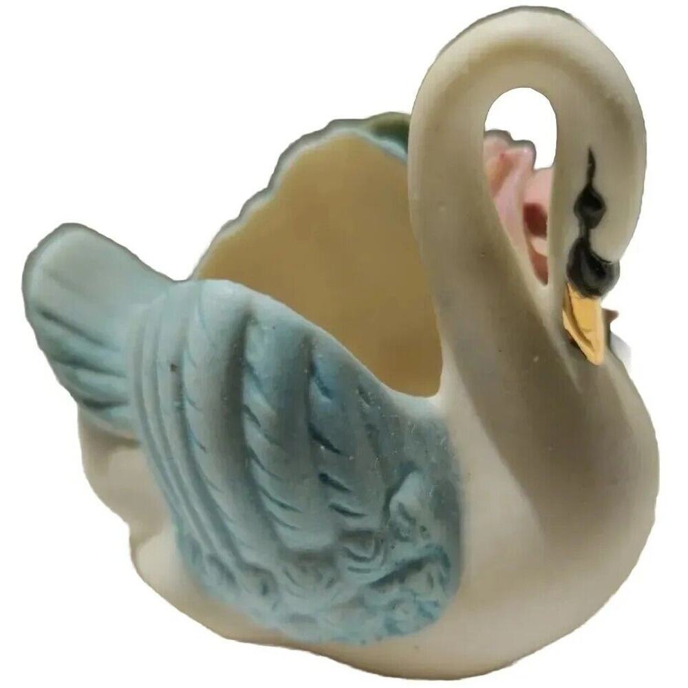 Porcelain Swan with Blue Tip Wings, Gold Beak And Pink Rose Trinket Container